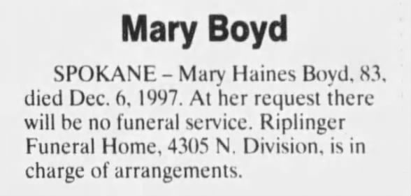Obituary for Mary Haines Boyd (Aged 83)
